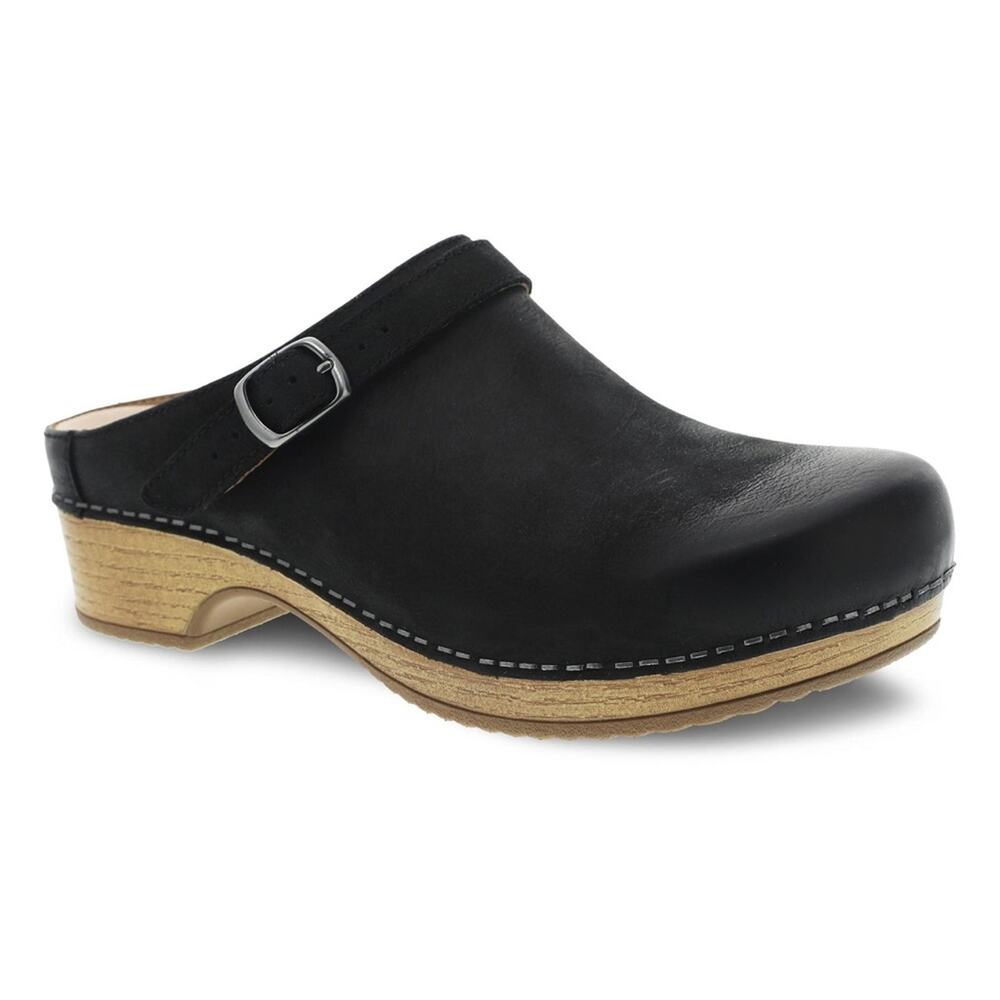 Dansko Black Leather Mules with Wooden Sole